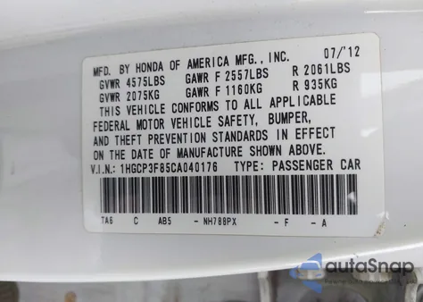 2012 Honda Accord 3.5 Ex-L from USA, damaged, VIN 1HGCP3F85CA040176